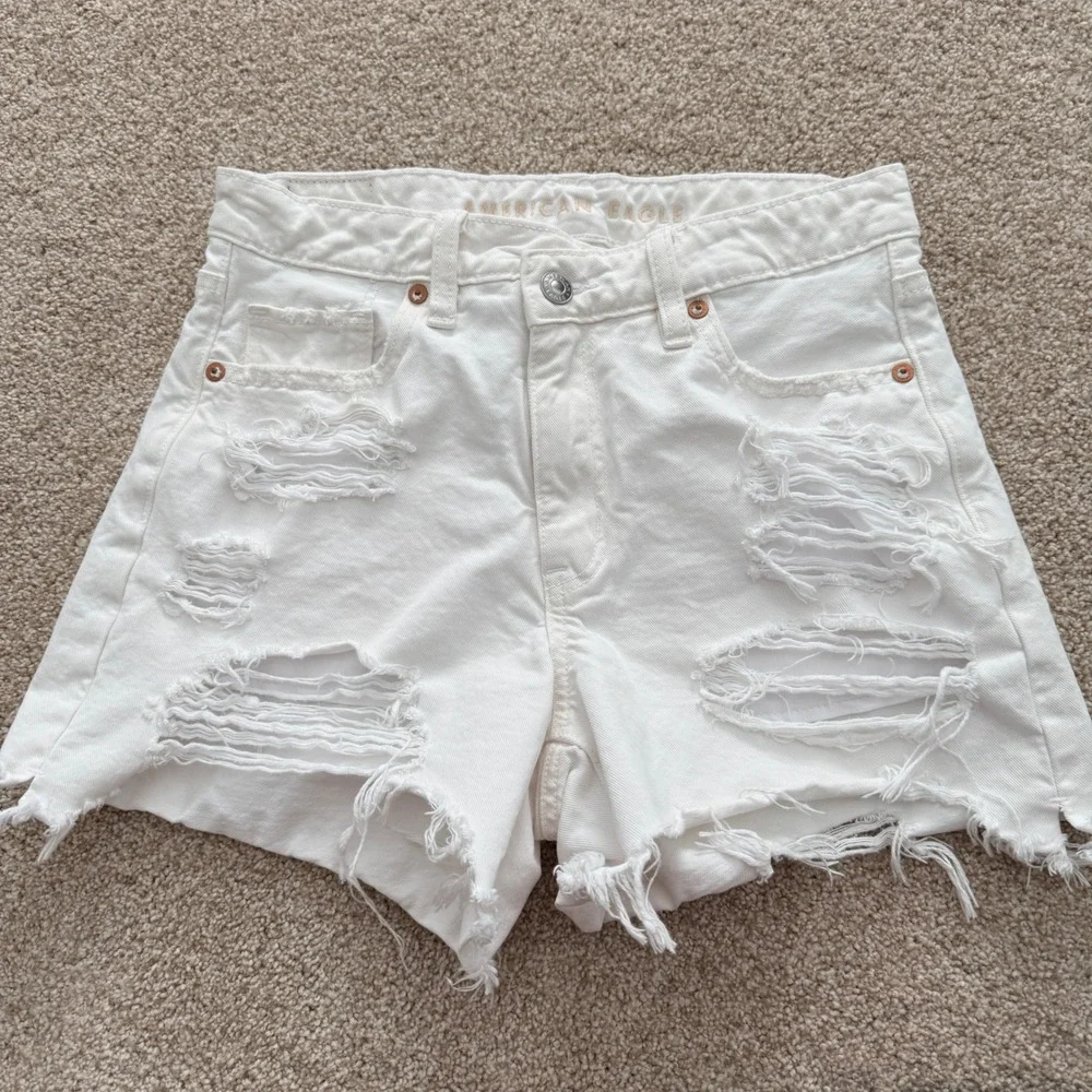 American Eagle Baggy Denim Shorts Womens 2 White Highest Rise Distressed Raw Hem